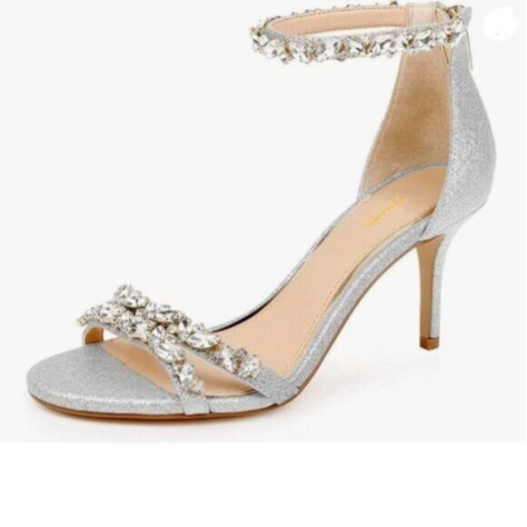 XYD Silver Mid Heel Rhinestone Strappy Sandals Open Toe Ankle Strap Shoes - Picture 1 of 8